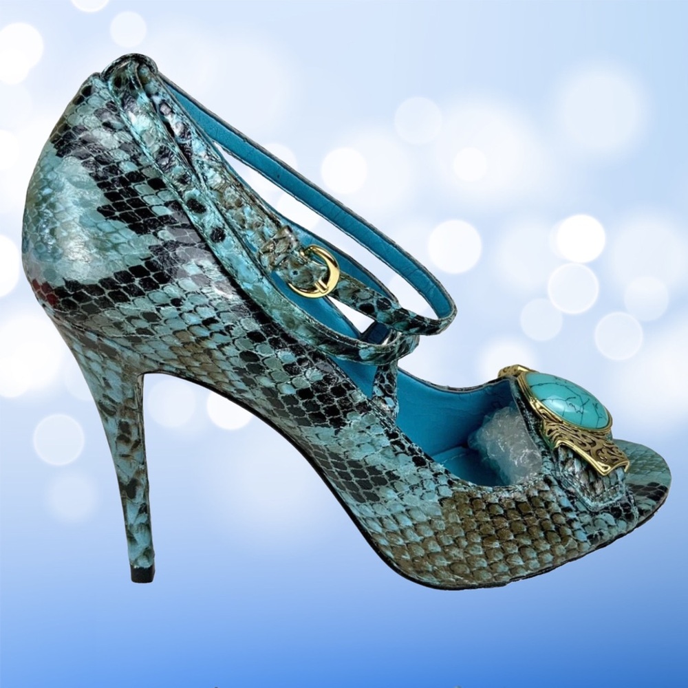 BCBGeneration Turquoise Trilogy Snakeskin Peep Toe Strappy Heels